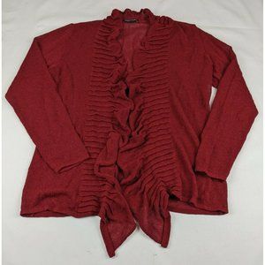 Eileen Fisher Open Front Cardigan Sweater Wine Red Draped Ruffle Linen Medium